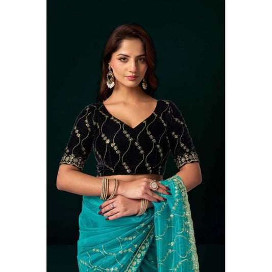 Amfyn Women's Net Sequence Saree With Unstitched Blouse 5.5Mtr (Turquoise)