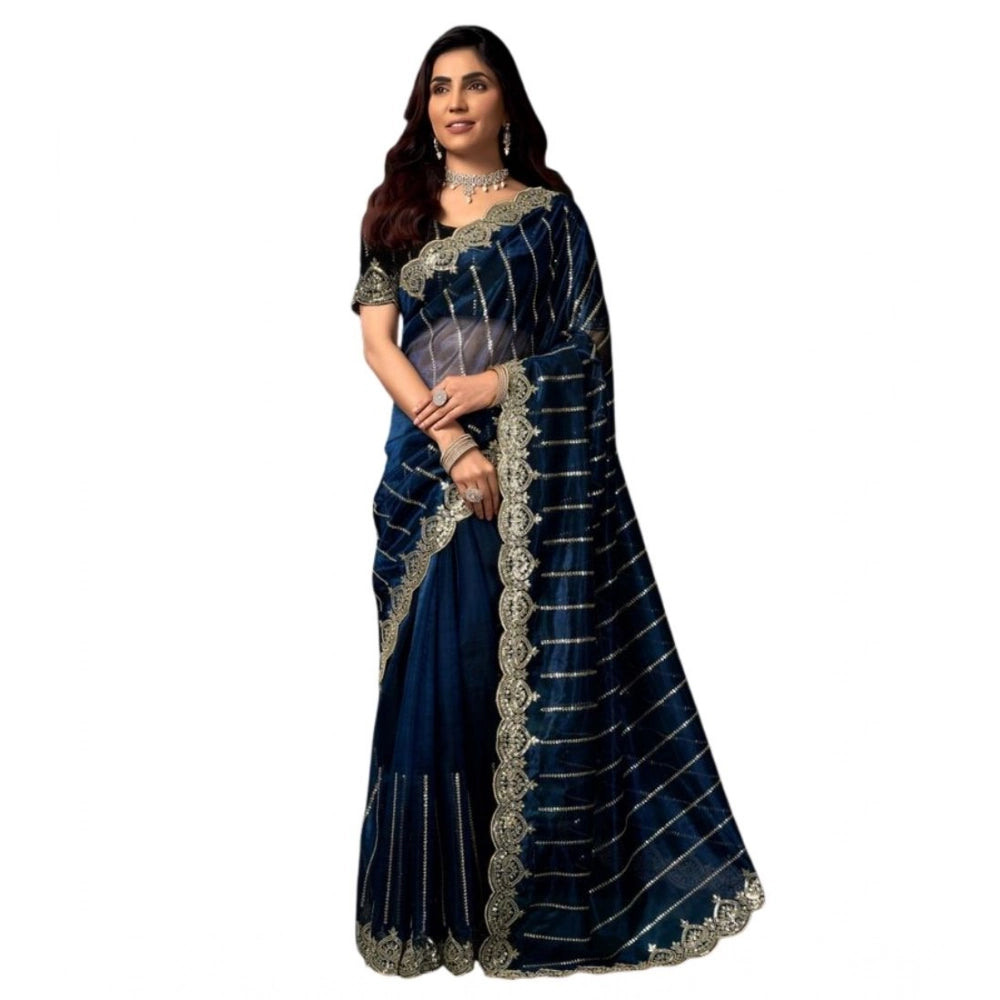 Amfyn Women's Net Sequence Saree With Unstitched Blouse 5.5Mtr (Blue)