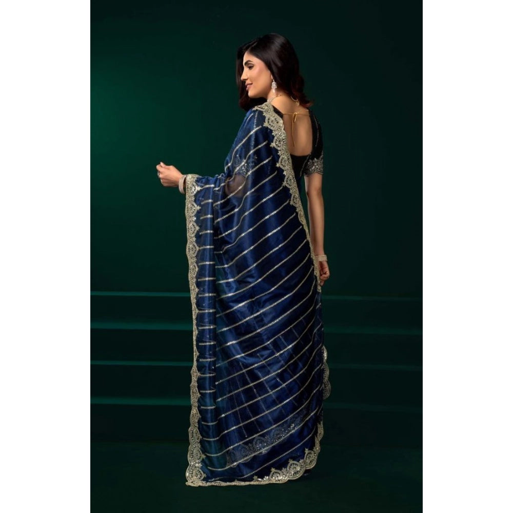 Amfyn Women's Net Sequence Saree With Unstitched Blouse 5.5Mtr (Blue)