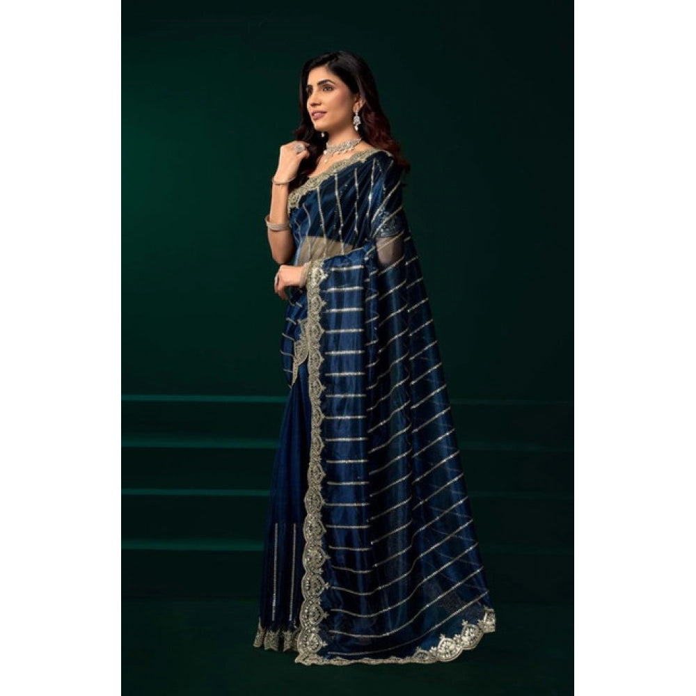Amfyn Women's Net Sequence Saree With Unstitched Blouse 5.5Mtr (Blue)