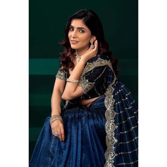 Amfyn Women's Net Sequence Saree With Unstitched Blouse 5.5Mtr (Blue)