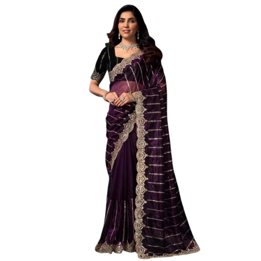 Amfyn Women's Net Sequence Saree With Unstitched Blouse 5.5Mtr (Wine)