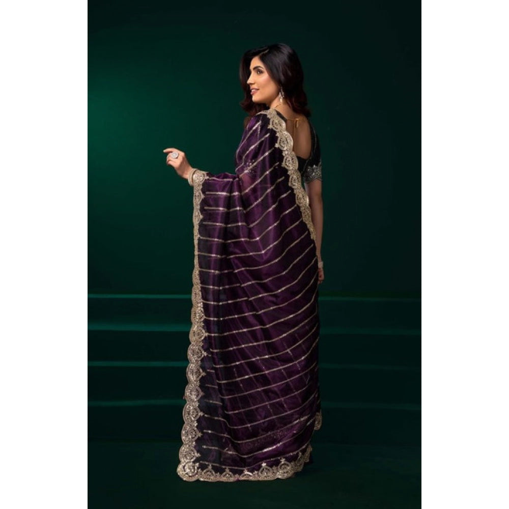 Amfyn Women's Net Sequence Saree With Unstitched Blouse 5.5Mtr (Wine)
