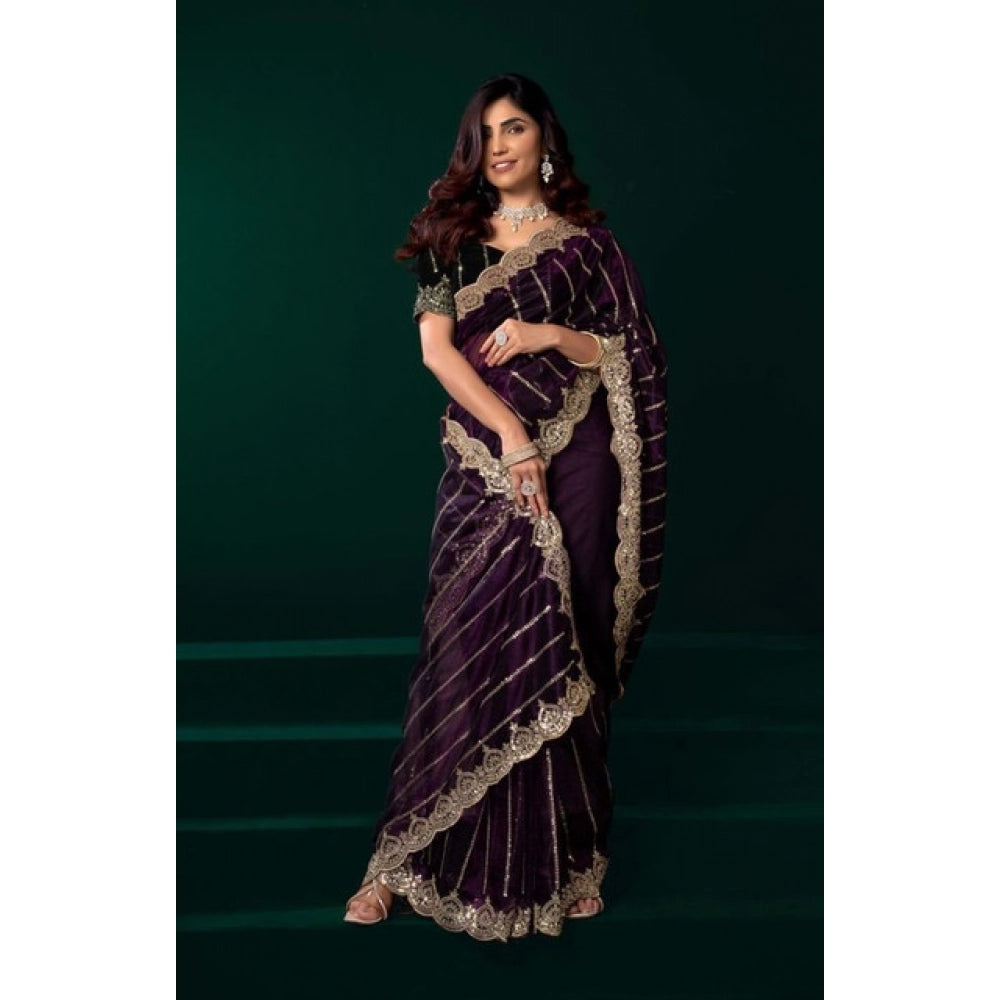 Amfyn Women's Net Sequence Saree With Unstitched Blouse 5.5Mtr (Wine)