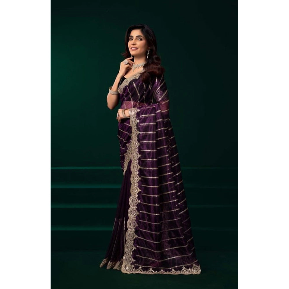 Amfyn Women's Net Sequence Saree With Unstitched Blouse 5.5Mtr (Wine)