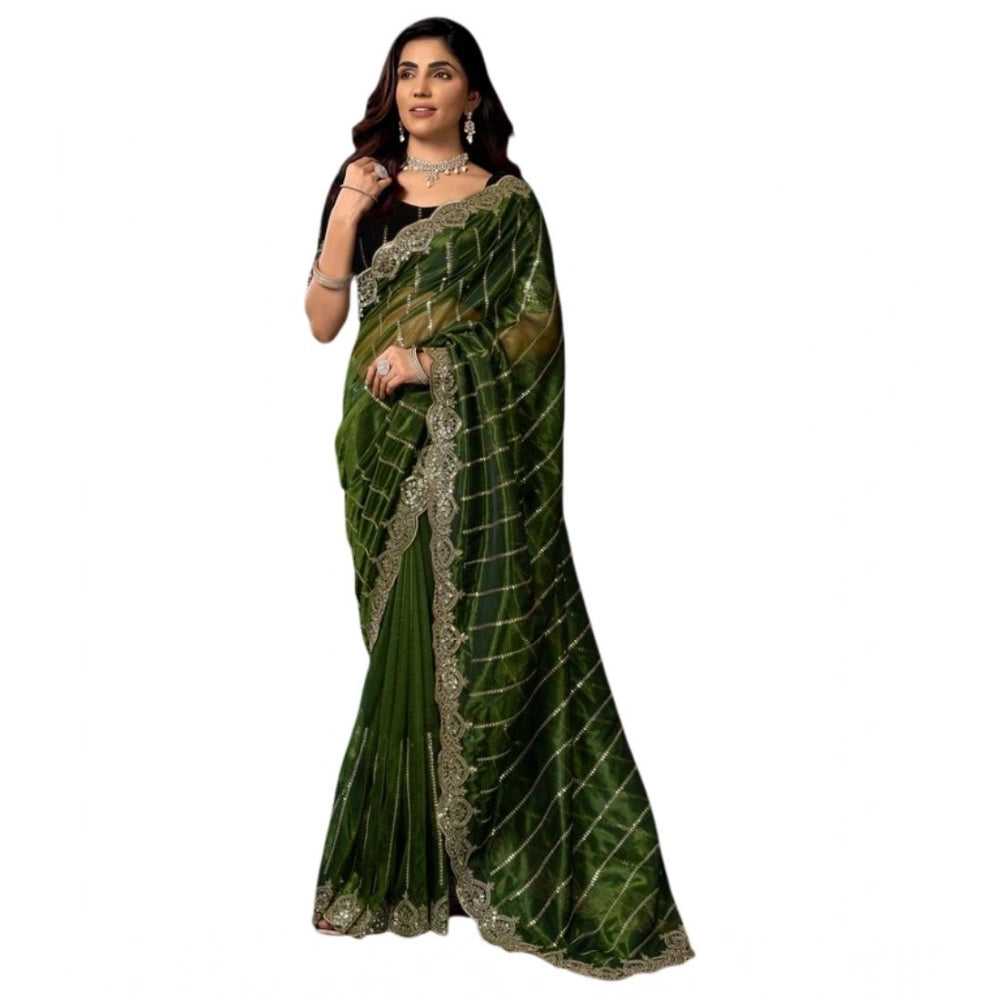 Amfyn Women's Net Sequence Saree With Unstitched Blouse 5.5Mtr (Green)