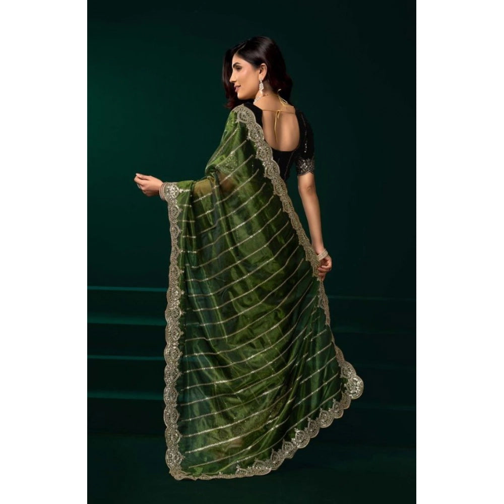 Amfyn Women's Net Sequence Saree With Unstitched Blouse 5.5Mtr (Green)