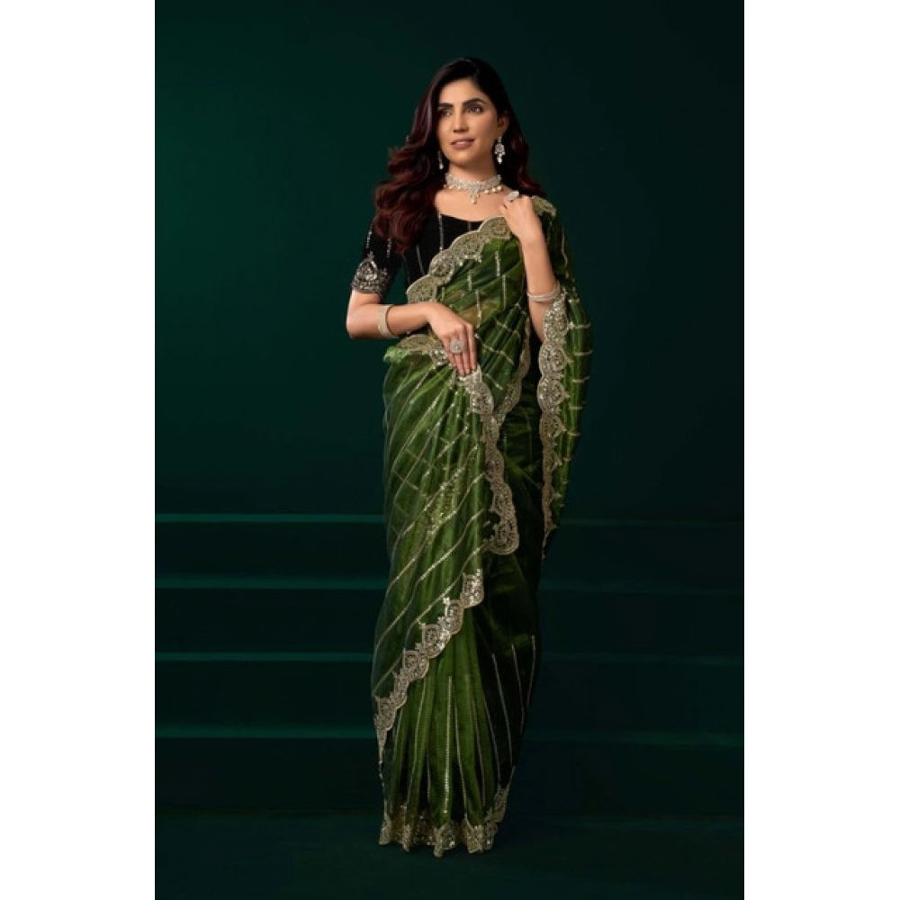 Amfyn Women's Net Sequence Saree With Unstitched Blouse 5.5Mtr (Green)