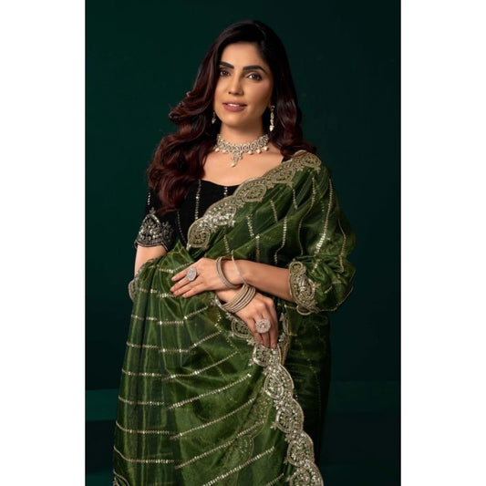 Amfyn Women's Net Sequence Saree With Unstitched Blouse 5.5Mtr (Green)