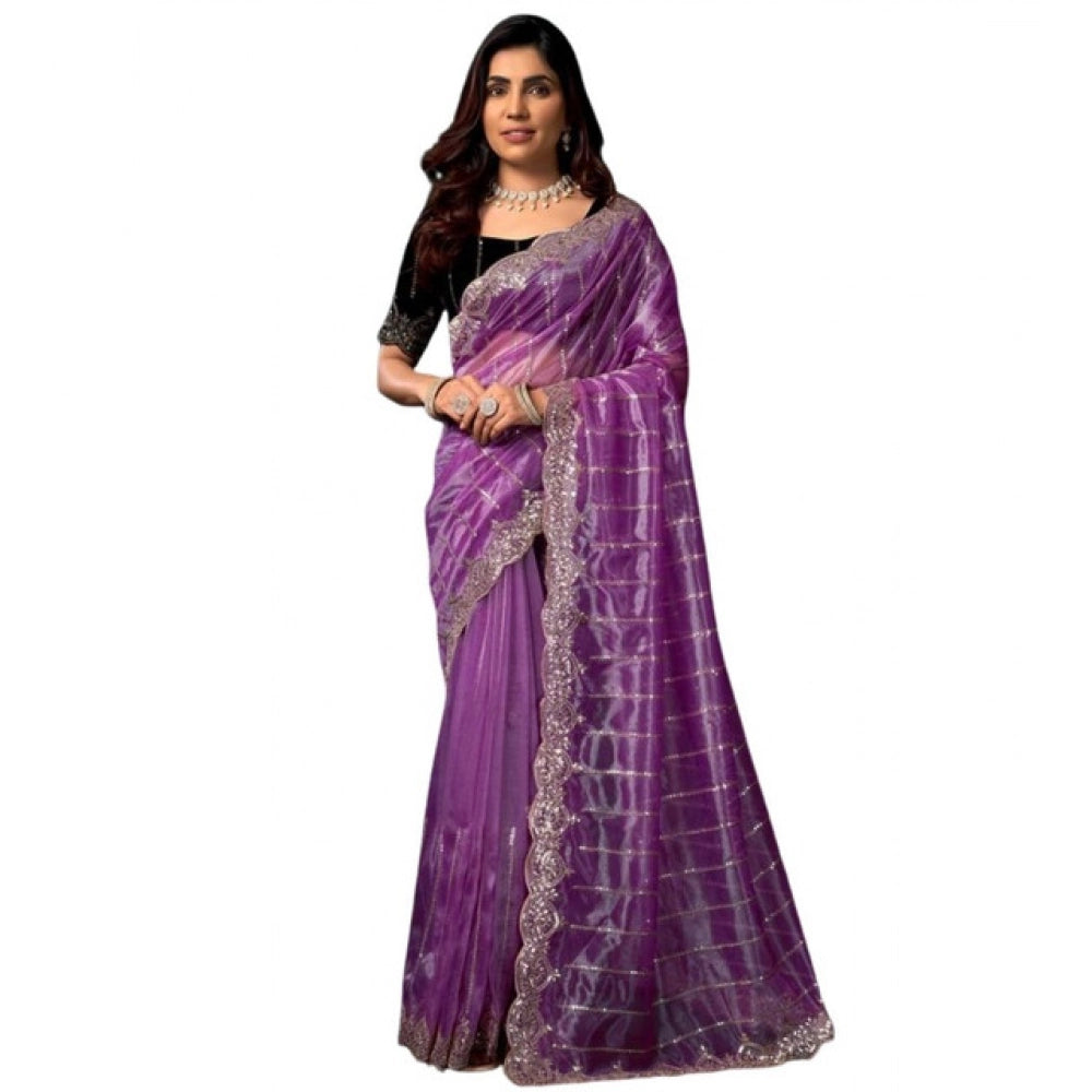Amfyn Women's Net Sequence Saree With Unstitched Blouse 5.5Mtr (Lavender)
