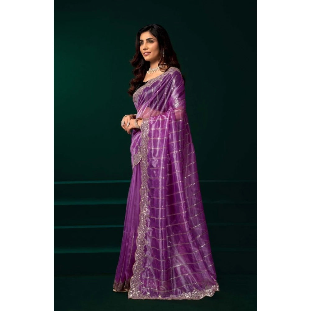 Amfyn Women's Net Sequence Saree With Unstitched Blouse 5.5Mtr (Lavender)