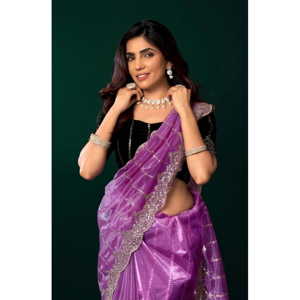 Amfyn Women's Net Sequence Saree With Unstitched Blouse 5.5Mtr (Lavender)