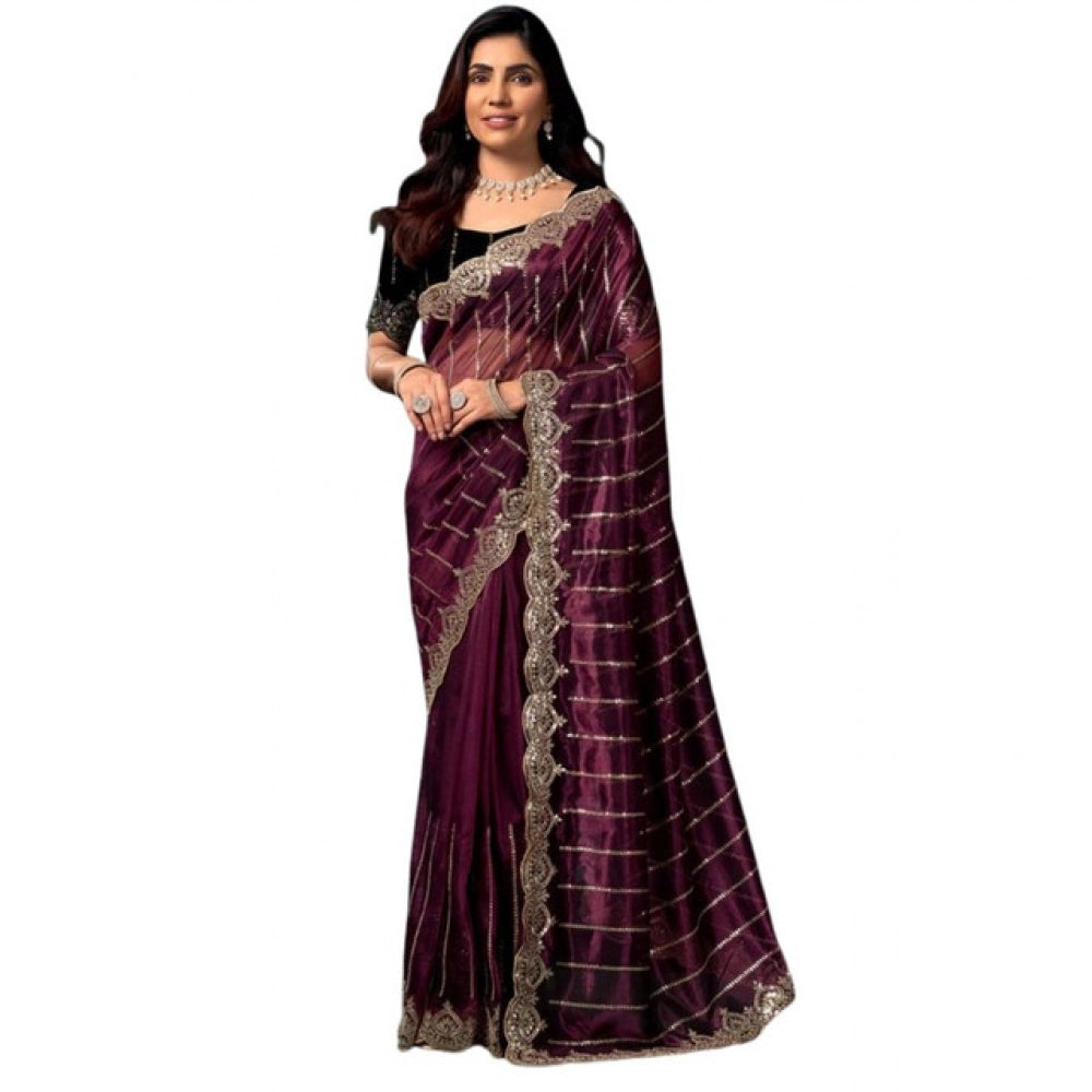 Amfyn Women's Net Sequence Saree With Unstitched Blouse 5.5Mtr (Maroon)