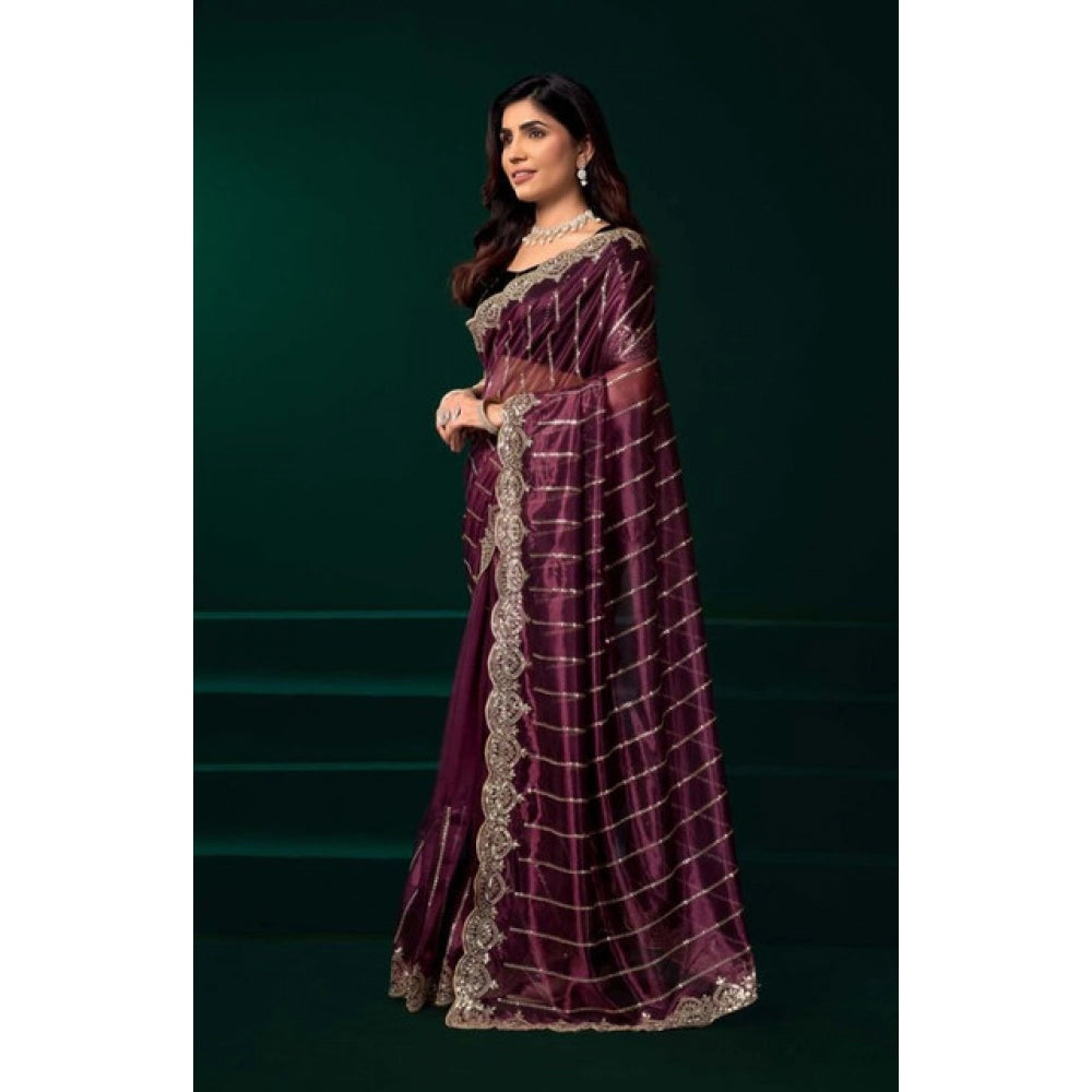 Amfyn Women's Net Sequence Saree With Unstitched Blouse 5.5Mtr (Maroon)