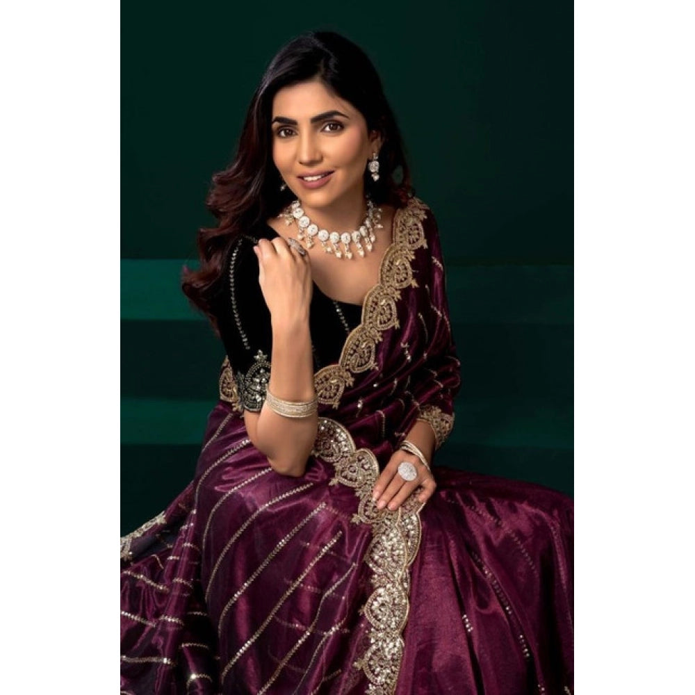 Amfyn Women's Net Sequence Saree With Unstitched Blouse 5.5Mtr (Maroon)