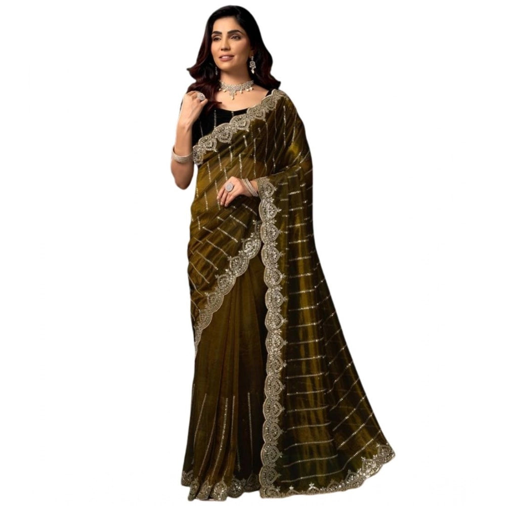 Amfyn Women's Net Sequence Saree With Unstitched Blouse 5.5Mtr (Olive)