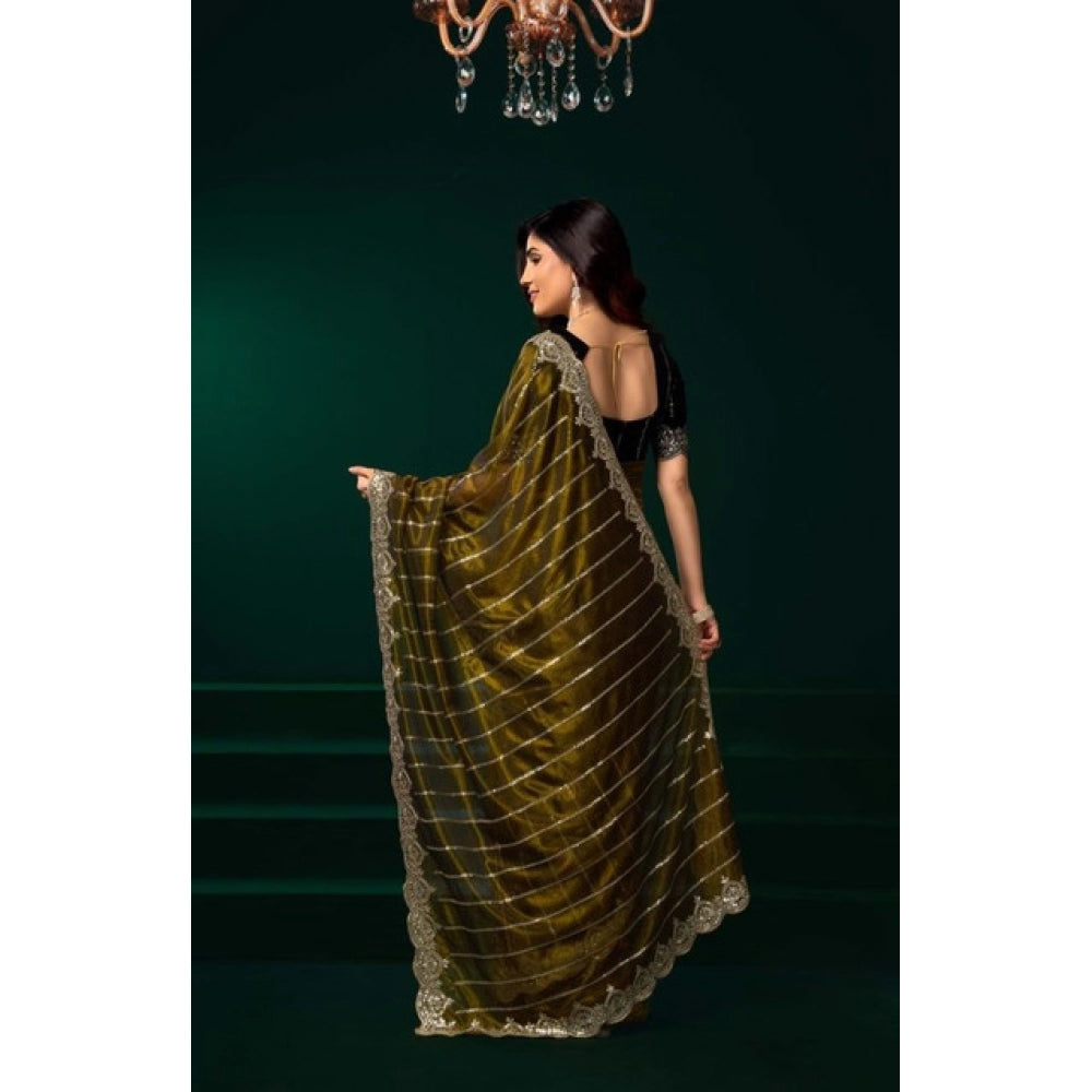 Amfyn Women's Net Sequence Saree With Unstitched Blouse 5.5Mtr (Olive)