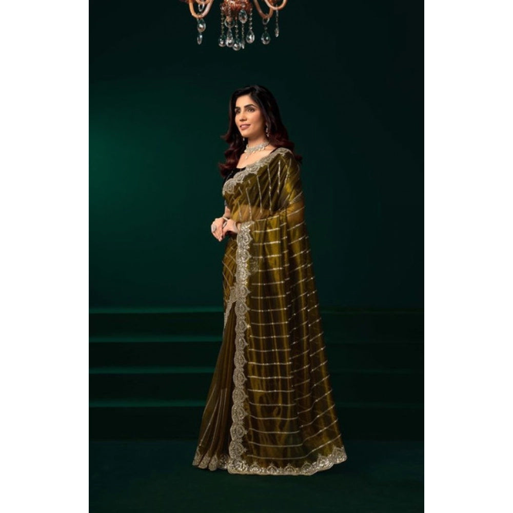 Amfyn Women's Net Sequence Saree With Unstitched Blouse 5.5Mtr (Olive)