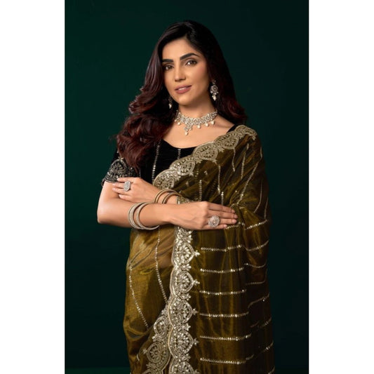Amfyn Women's Net Sequence Saree With Unstitched Blouse 5.5Mtr (Olive)