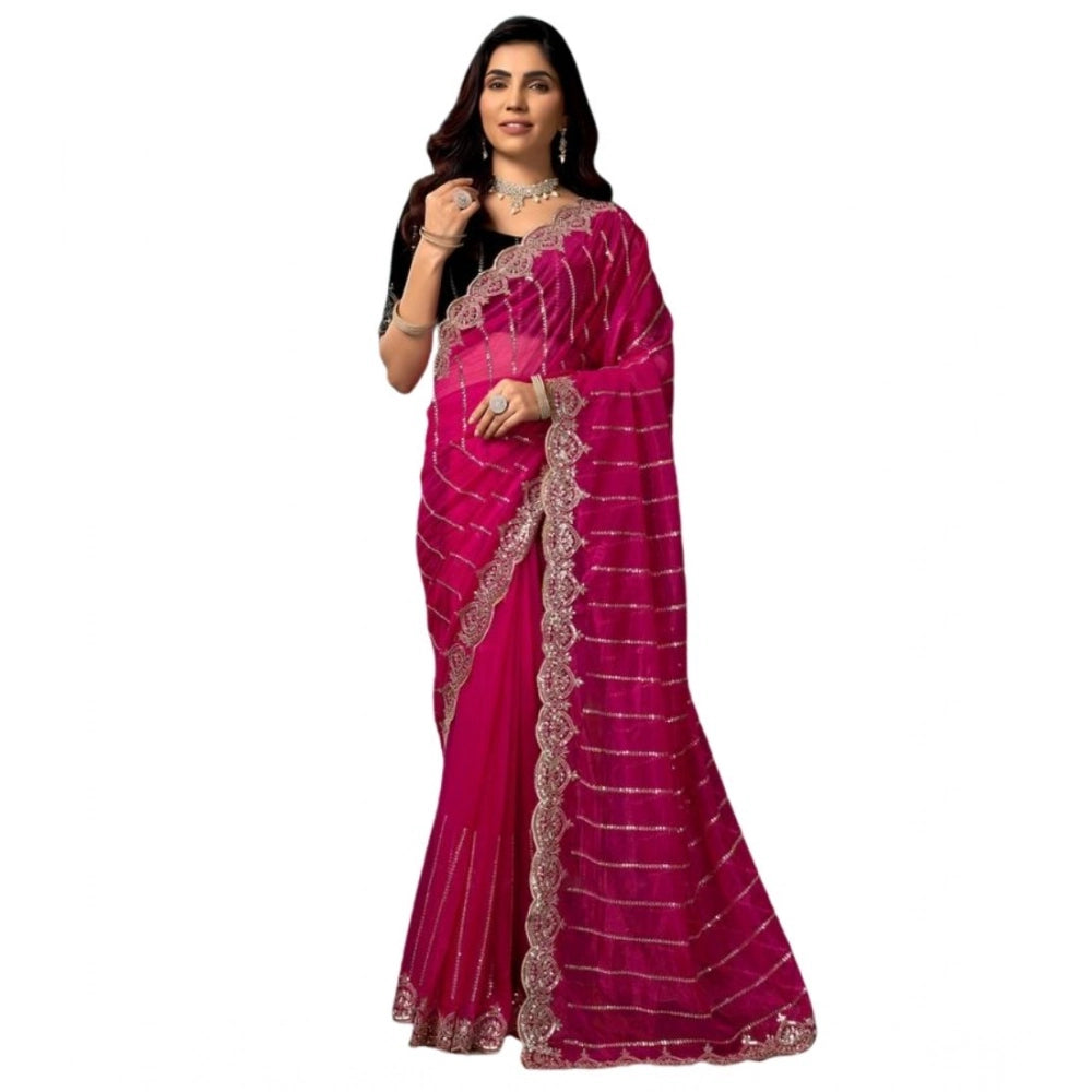Amfyn Women's Net Sequence Saree With Unstitched Blouse 5.5Mtr (Pink)