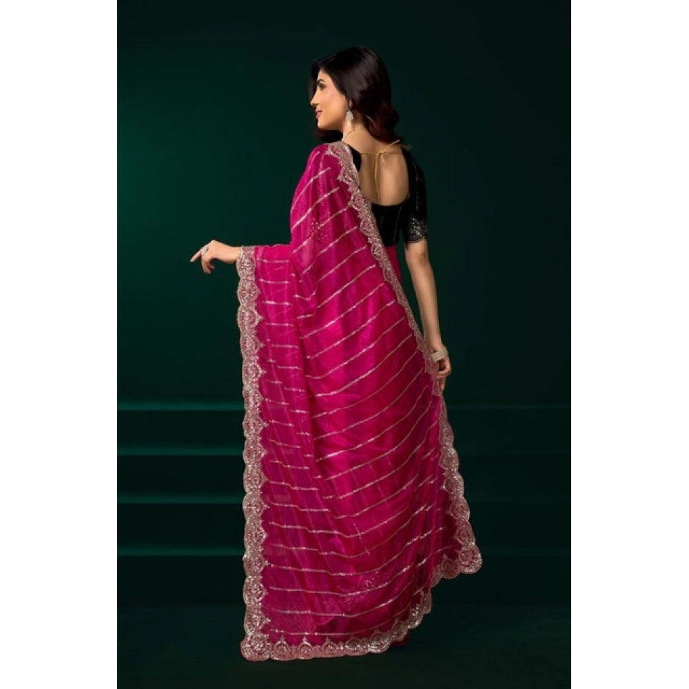 Amfyn Women's Net Sequence Saree With Unstitched Blouse 5.5Mtr (Pink)