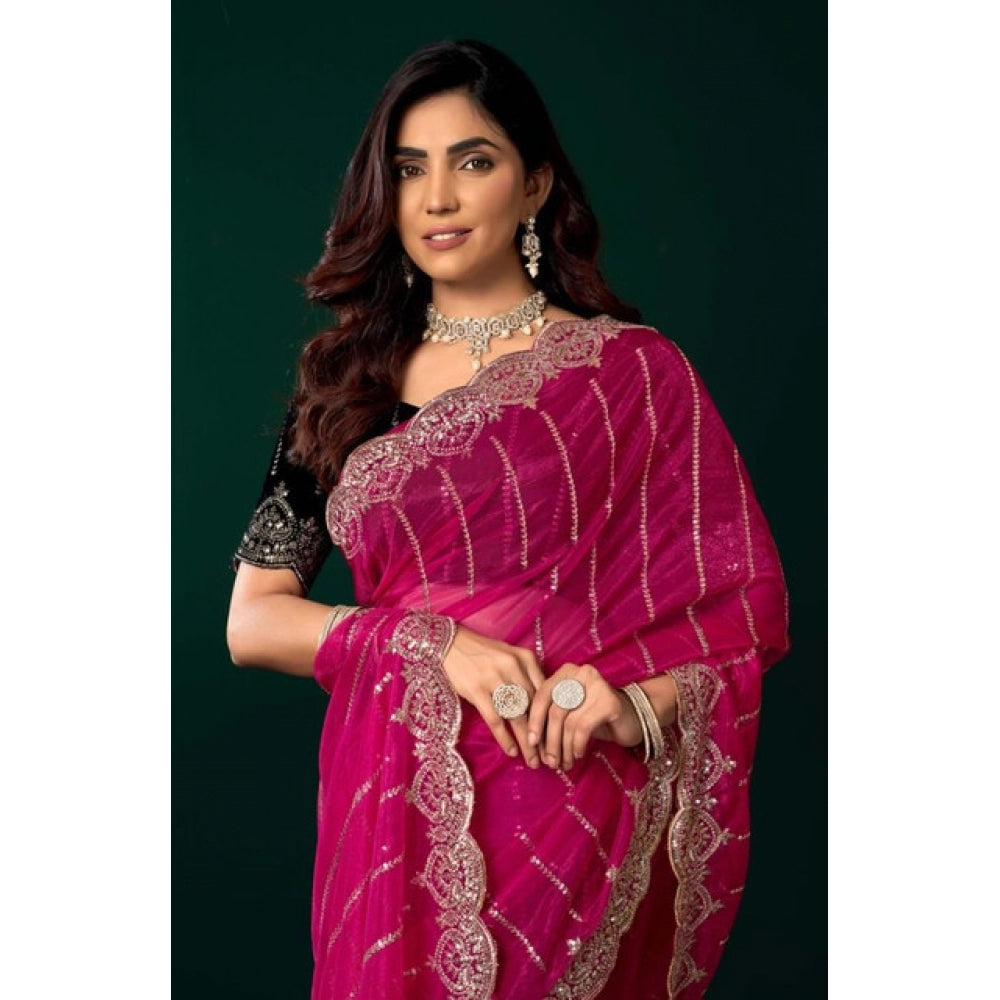 Amfyn Women's Net Sequence Saree With Unstitched Blouse 5.5Mtr (Pink)