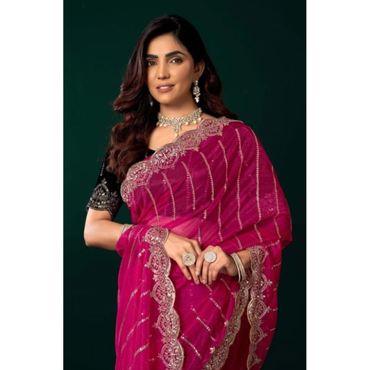 Amfyn Women's Net Sequence Saree With Unstitched Blouse 5.5Mtr (Pink)