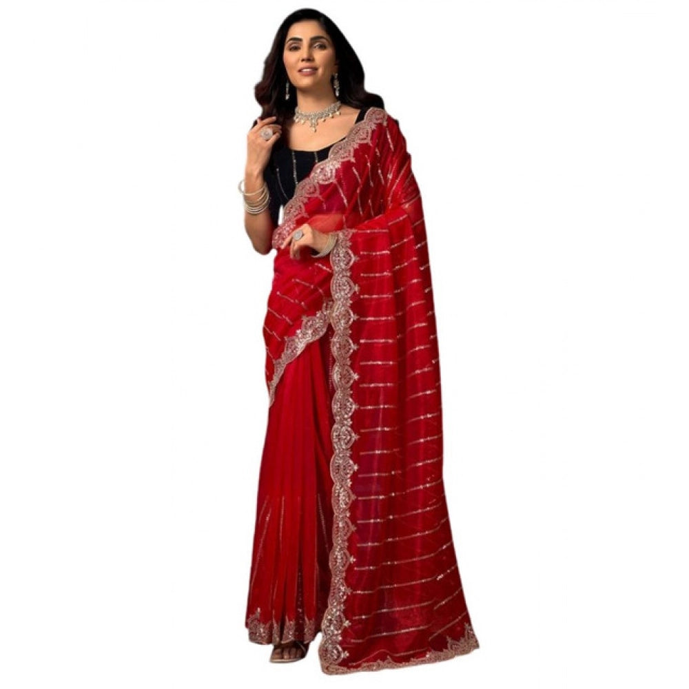 Amfyn Women's Net Sequence Saree With Unstitched Blouse 5.5Mtr (Red)