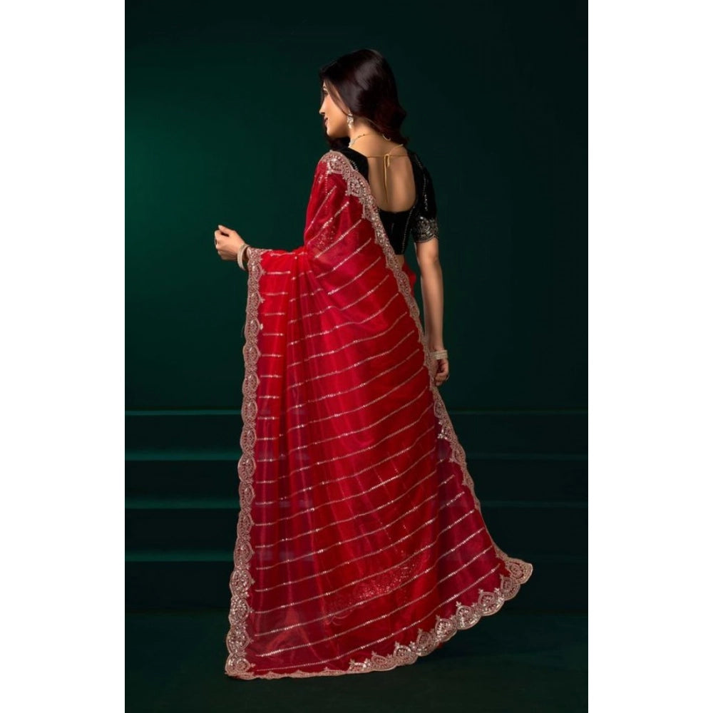 Amfyn Women's Net Sequence Saree With Unstitched Blouse 5.5Mtr (Red)
