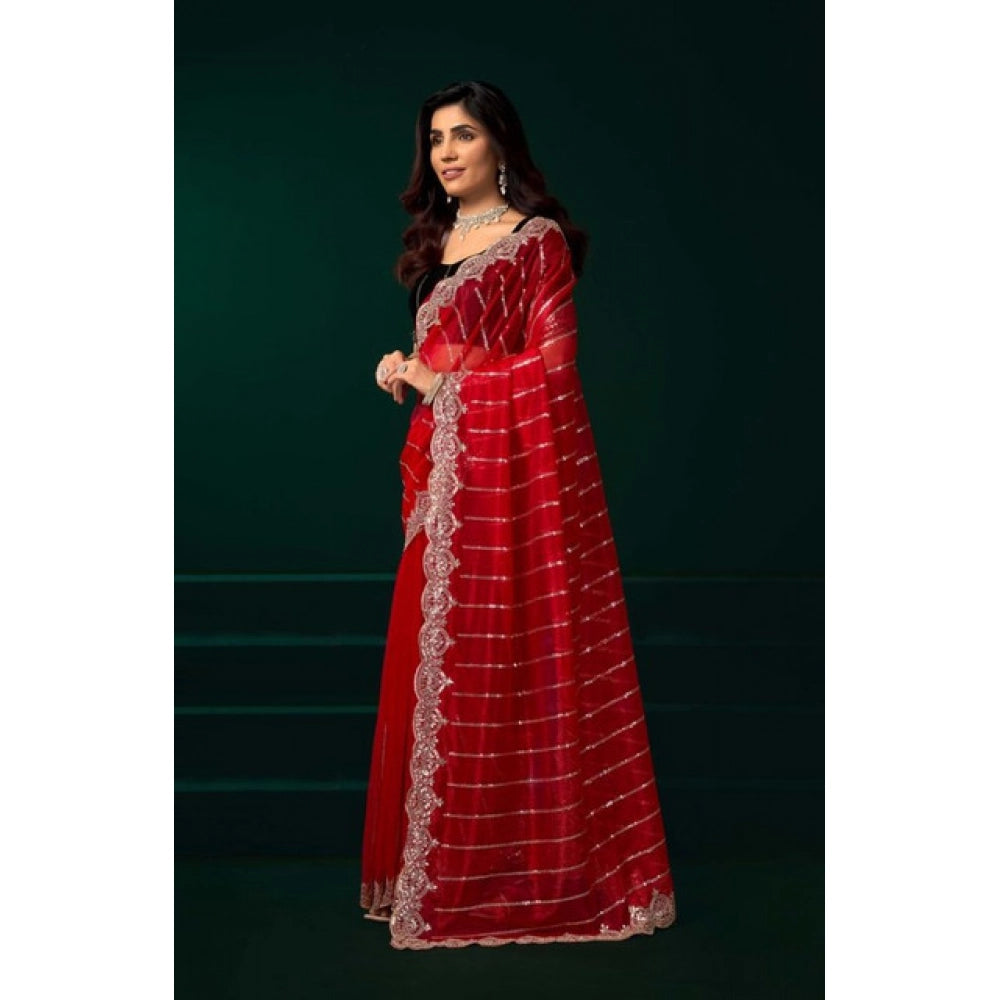 Amfyn Women's Net Sequence Saree With Unstitched Blouse 5.5Mtr (Red)