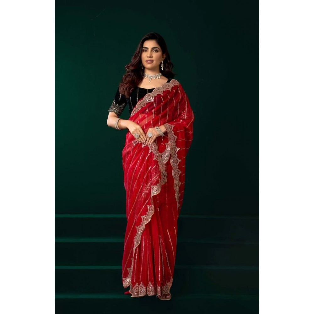 Amfyn Women's Net Sequence Saree With Unstitched Blouse 5.5Mtr (Red)