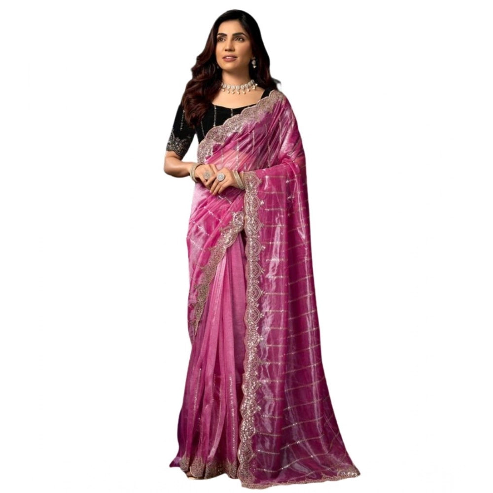Amfyn Women's Net Sequence Saree With Unstitched Blouse 5.5Mtr (Pink)