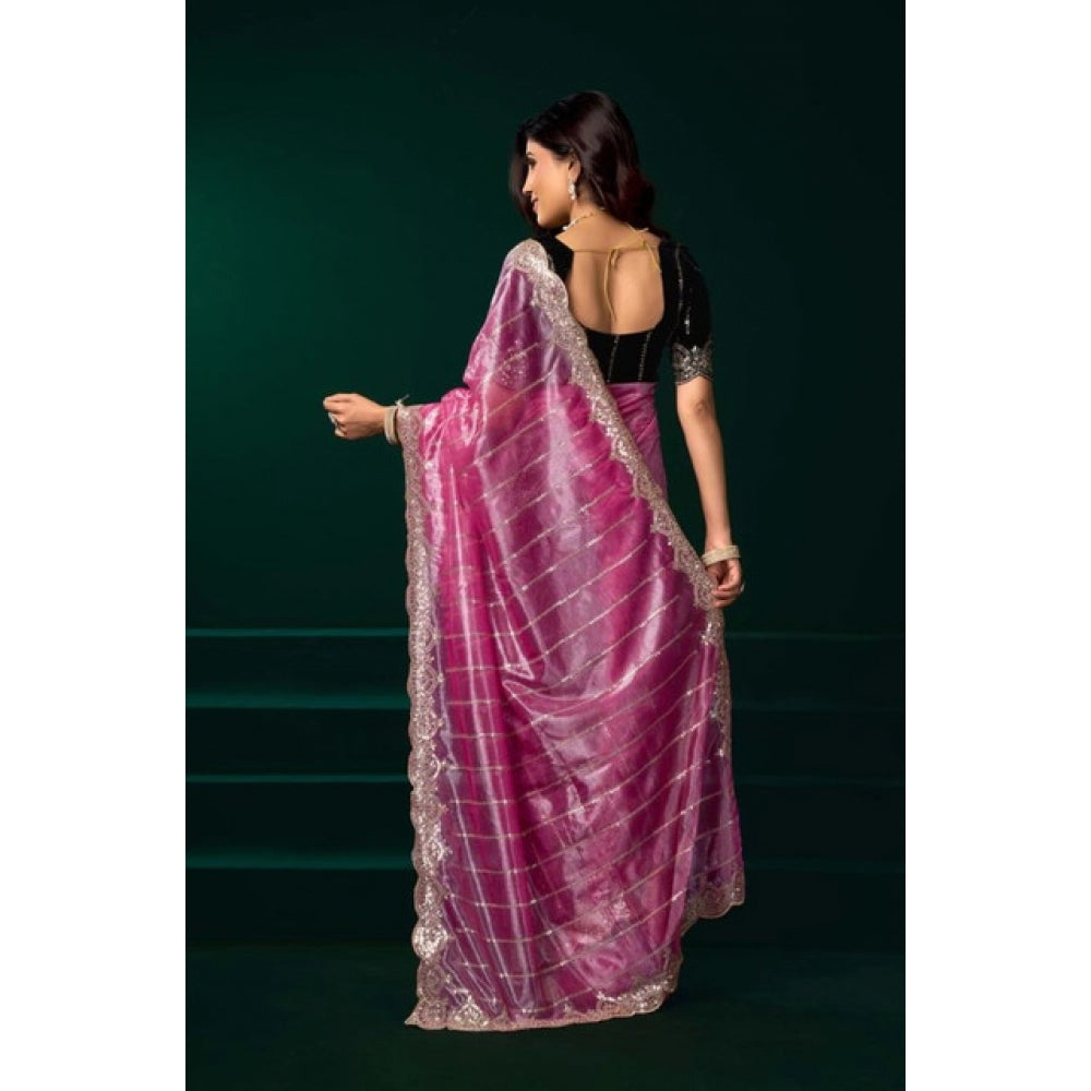 Amfyn Women's Net Sequence Saree With Unstitched Blouse 5.5Mtr (Pink)