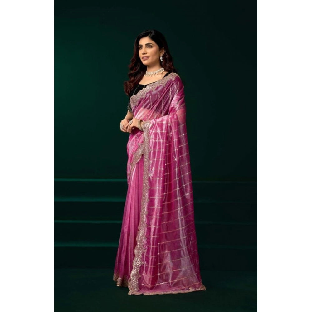 Amfyn Women's Net Sequence Saree With Unstitched Blouse 5.5Mtr (Pink)