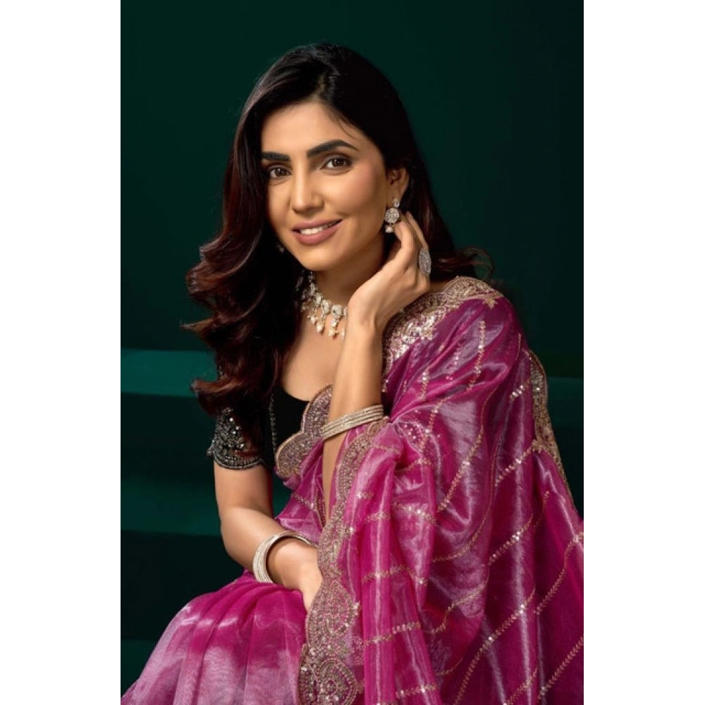 Amfyn Women's Net Sequence Saree With Unstitched Blouse 5.5Mtr (Pink)