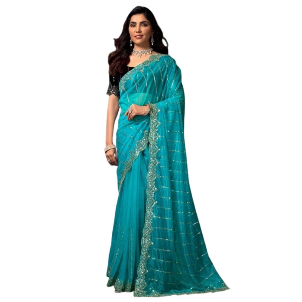 Amfyn Women's Net Sequence Saree With Unstitched Blouse 5.5Mtr (Turquoise)