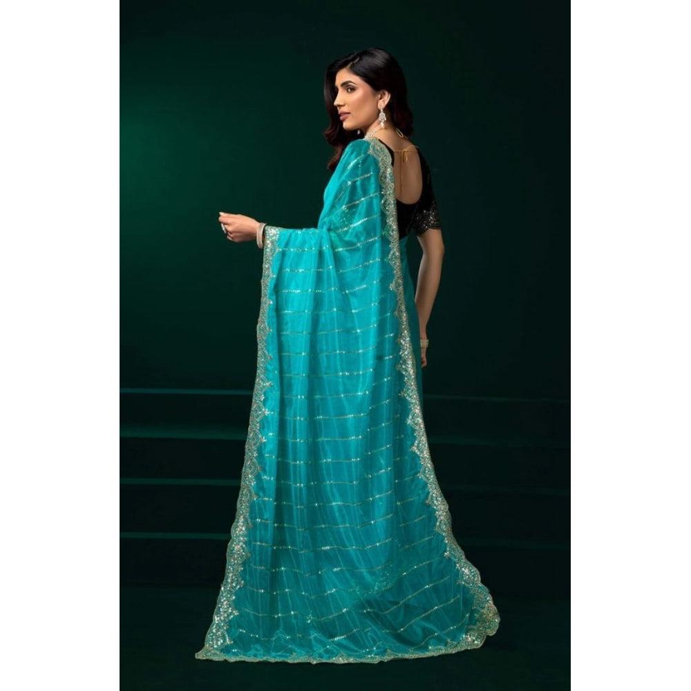 Amfyn Women's Net Sequence Saree With Unstitched Blouse 5.5Mtr (Turquoise)