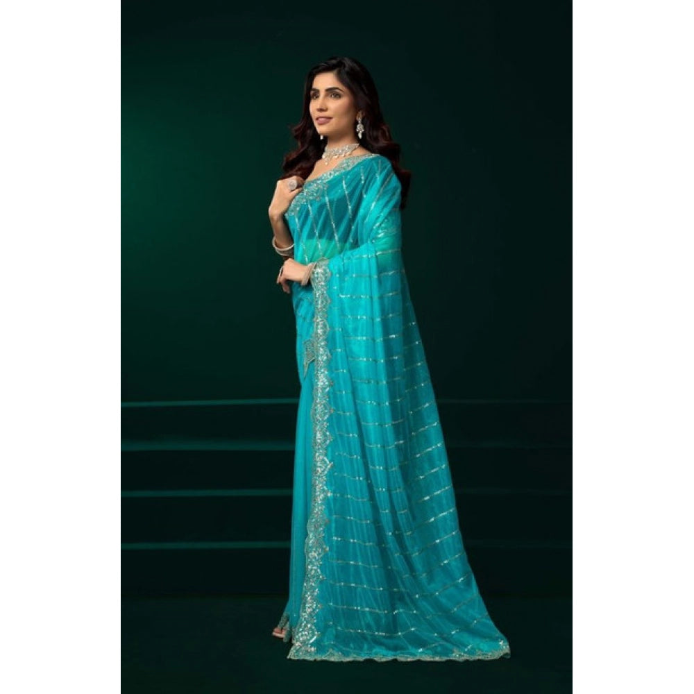 Amfyn Women's Net Sequence Saree With Unstitched Blouse 5.5Mtr (Turquoise)