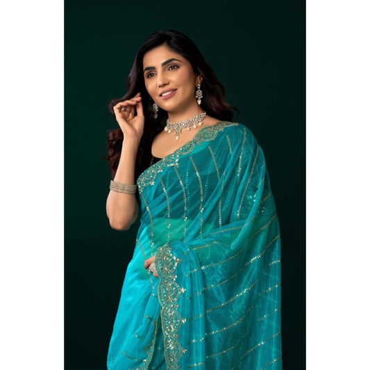 Amfyn Women's Net Sequence Saree With Unstitched Blouse 5.5Mtr (Turquoise)