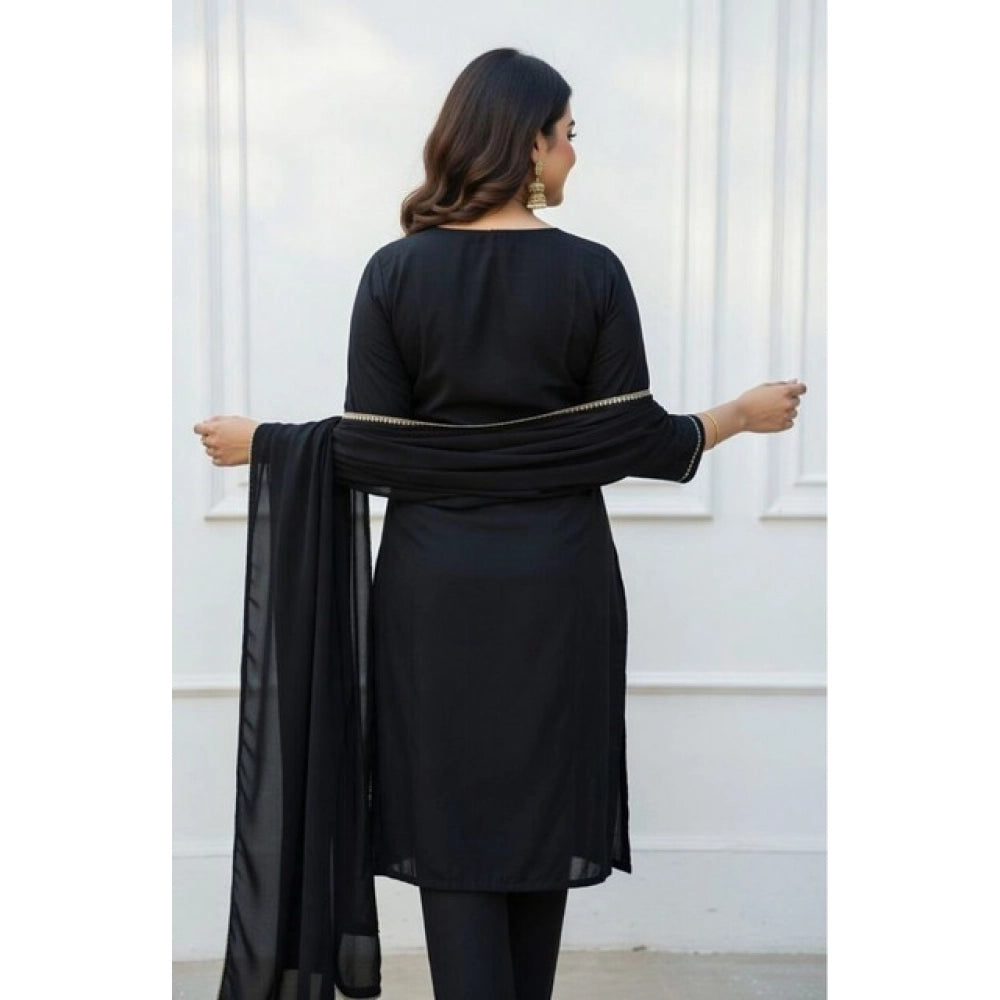 Amfyn Women's Georgette Ethnic Motif Round 3/4th Sleeve Kurti With Pant Dupatta Set (Black)