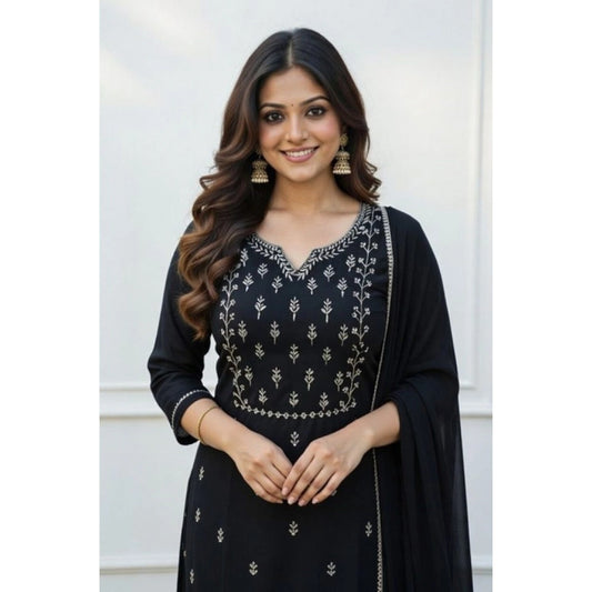 Amfyn Women's Georgette Ethnic Motif Round 3/4th Sleeve Kurti With Pant Dupatta Set (Black)