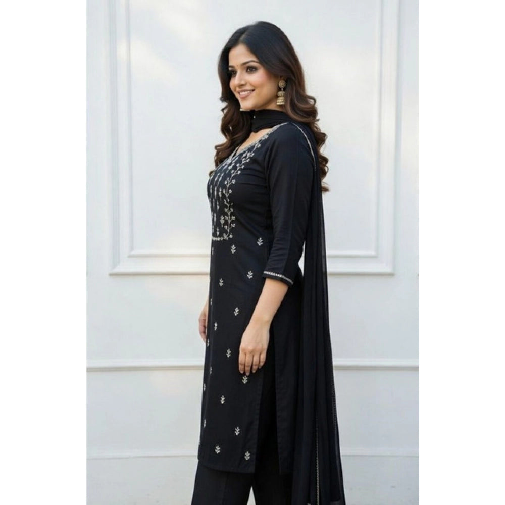 Amfyn Women's Georgette Ethnic Motif Round 3/4th Sleeve Kurti With Pant Dupatta Set (Black)
