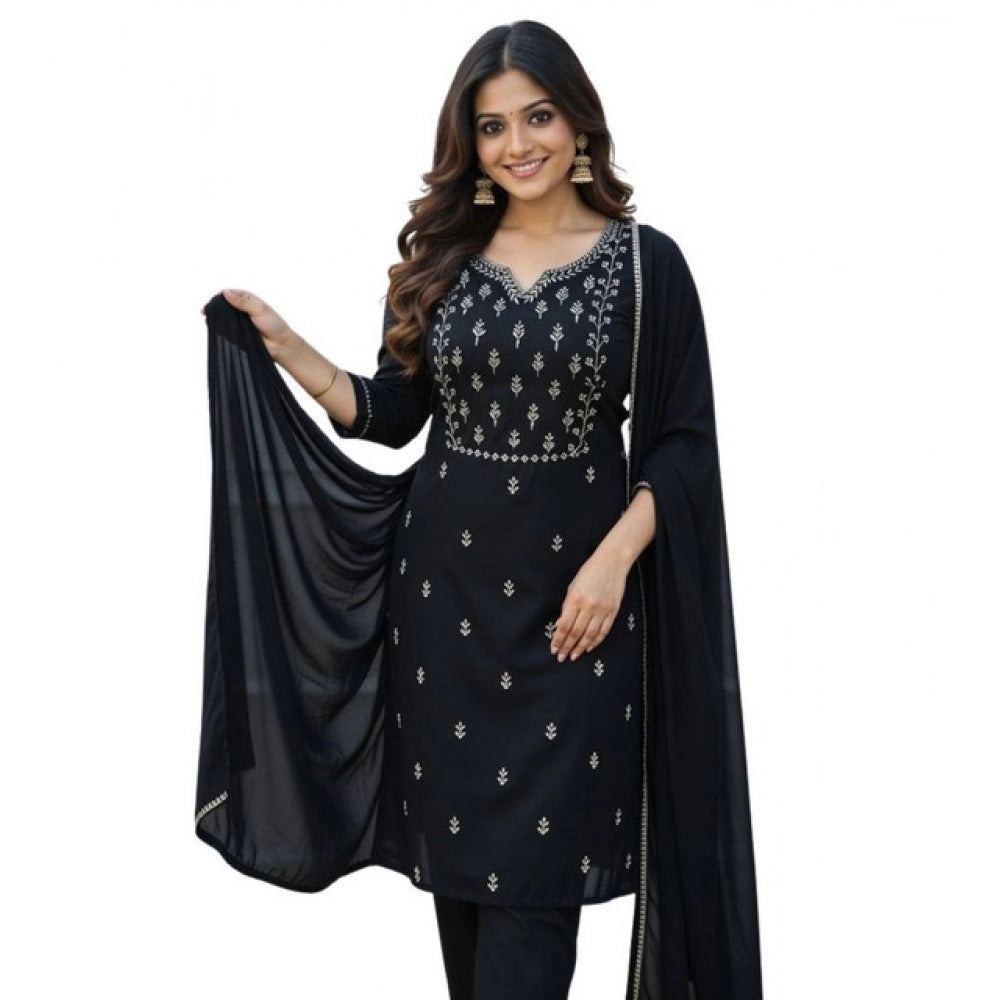 Amfyn Women's Georgette Ethnic Motif Round 3/4th Sleeve Kurti With Pant Dupatta Set (Black)