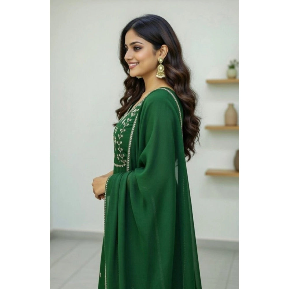 Amfyn Women's Georgette Ethnic Motif Round 3/4th Sleeve Kurti With Pant Dupatta Set (Green)