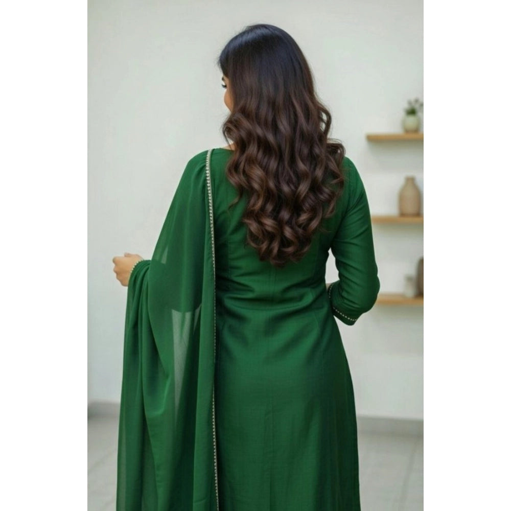 Amfyn Women's Georgette Ethnic Motif Round 3/4th Sleeve Kurti With Pant Dupatta Set (Green)