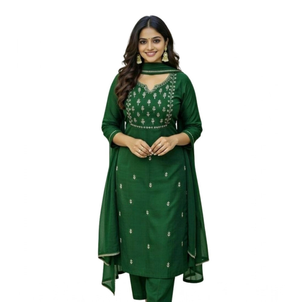 Amfyn Women's Georgette Ethnic Motif Round 3/4th Sleeve Kurti With Pant Dupatta Set (Green)