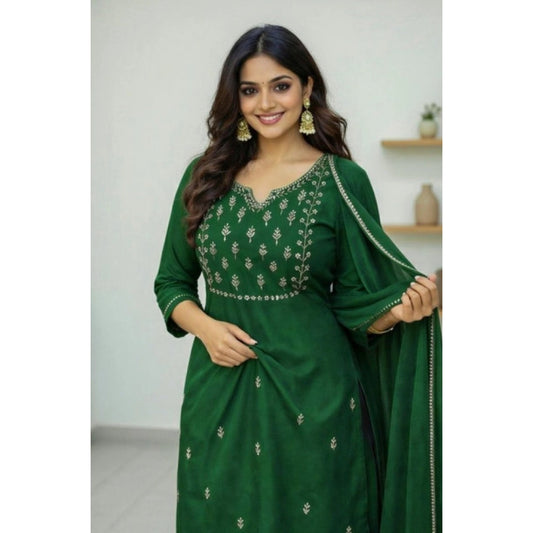 Amfyn Women's Georgette Ethnic Motif Round 3/4th Sleeve Kurti With Pant Dupatta Set (Green)