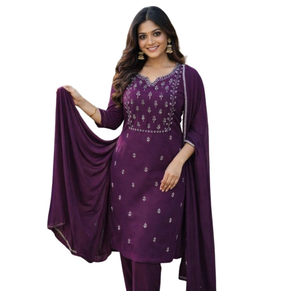 Amfyn Women's Georgette Ethnic Motif Round 3/4th Sleeve Kurti With Pant Dupatta Set (Magenta)