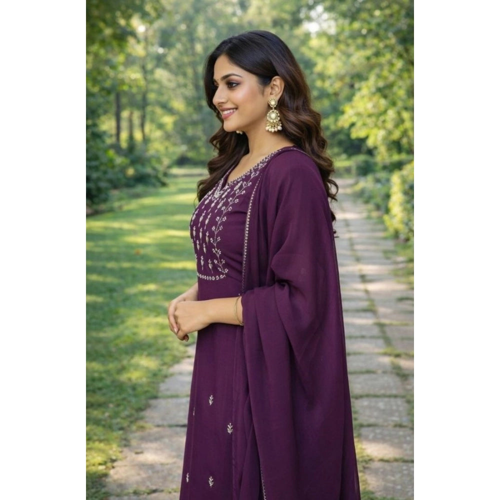 Amfyn Women's Georgette Ethnic Motif Round 3/4th Sleeve Kurti With Pant Dupatta Set (Magenta)