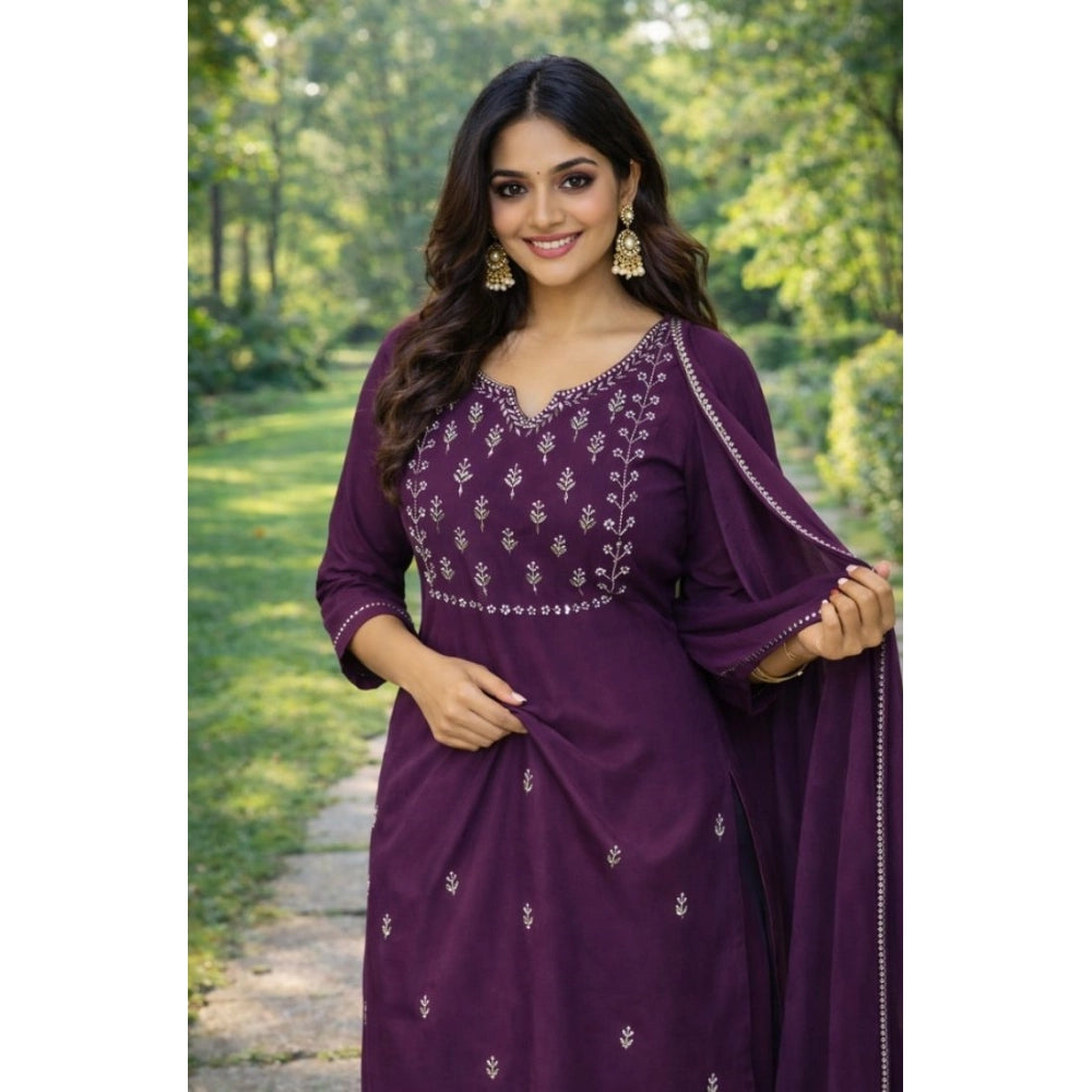 Amfyn Women's Georgette Ethnic Motif Round 3/4th Sleeve Kurti With Pant Dupatta Set (Magenta)